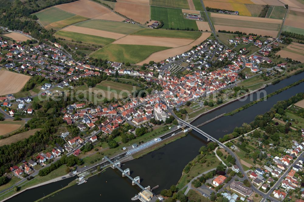 Himmelstadt from above - Urban area with outskirts and inner city area on the edge of agricultural fields and arable land in Himmelstadt in the state Bavaria, Germany