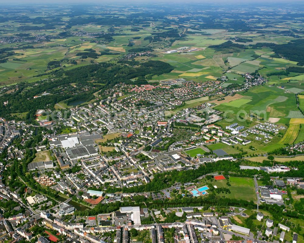 Hof from above - Urban area with outskirts and inner city area on the edge of agricultural fields and arable land in Hof in the state Bavaria, Germany