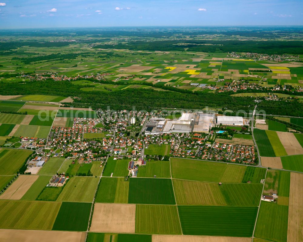 Aerial image Kirchdorf an der Iller - Urban area with outskirts and inner city area on the edge of agricultural fields and arable land in Kirchdorf an der Iller in the state Baden-Wuerttemberg, Germany