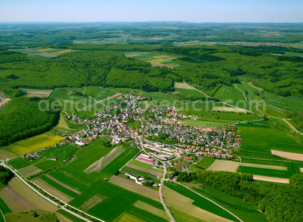 Kirchen from above - Urban area with outskirts and inner city area on the edge of agricultural fields and arable land in Kirchen in the state Baden-Wuerttemberg, Germany