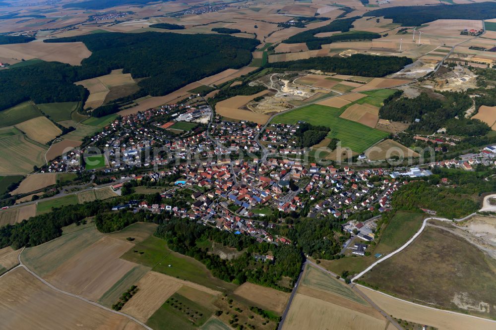 Kirchheim from above - Urban area with outskirts and inner city area on the edge of agricultural fields and arable land in Kirchheim in the state Bavaria, Germany