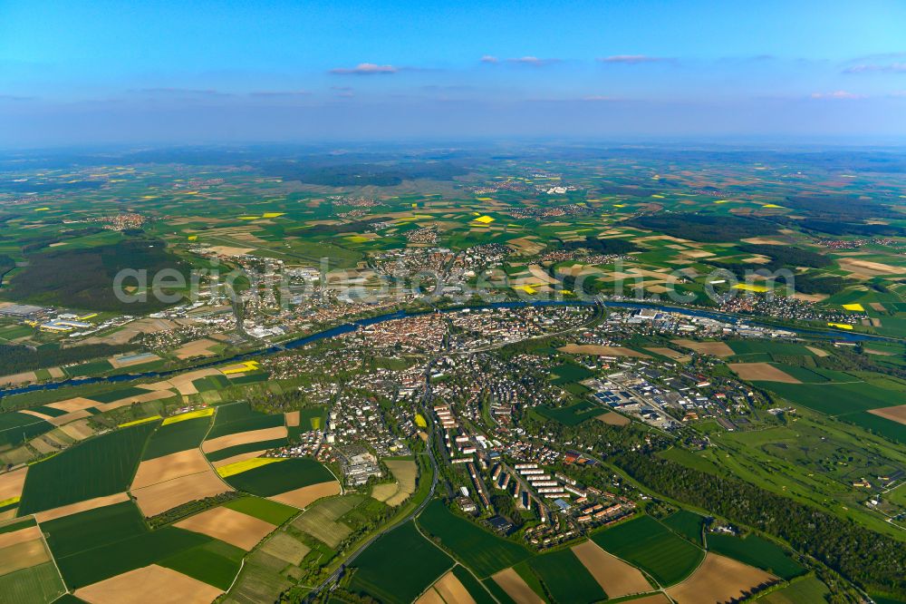 Kitzingen from above - Urban area with outskirts and inner city area on the edge of agricultural fields and arable land in Kitzingen in the state Bavaria, Germany