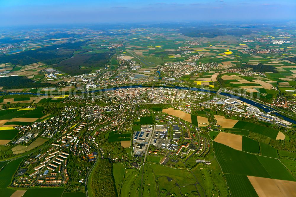 Aerial image Kitzingen - Urban area with outskirts and inner city area on the edge of agricultural fields and arable land in Kitzingen in the state Bavaria, Germany