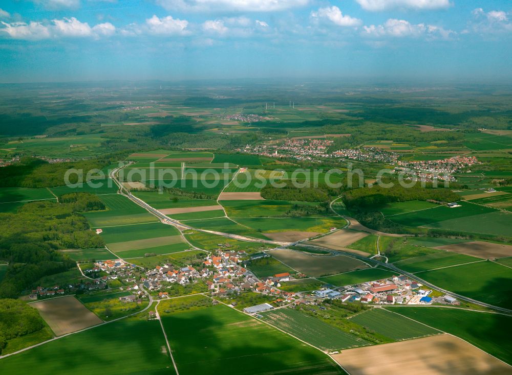 Lonsee from above - Urban area with outskirts and inner city area on the edge of agricultural fields and arable land in Lonsee in the state Baden-Wuerttemberg, Germany