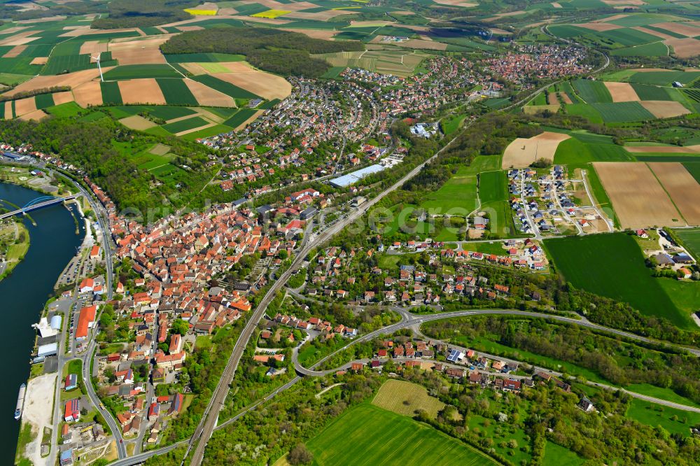 Marktbreit from above - Urban area with outskirts and inner city area on the edge of agricultural fields and arable land in Marktbreit in the state Bavaria, Germany