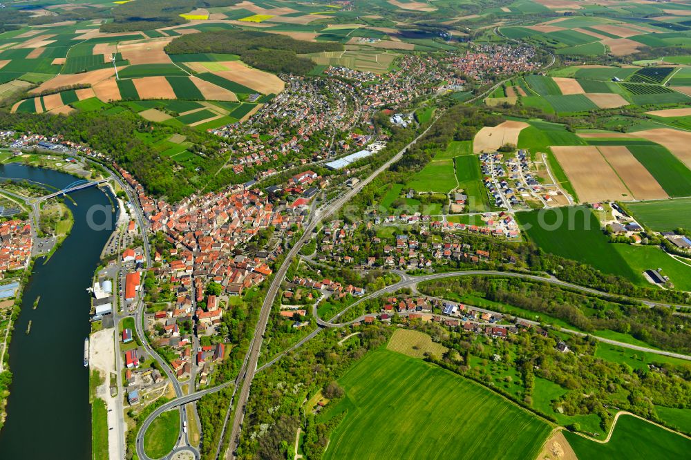 Marktbreit from the bird's eye view: Urban area with outskirts and inner city area on the edge of agricultural fields and arable land in Marktbreit in the state Bavaria, Germany