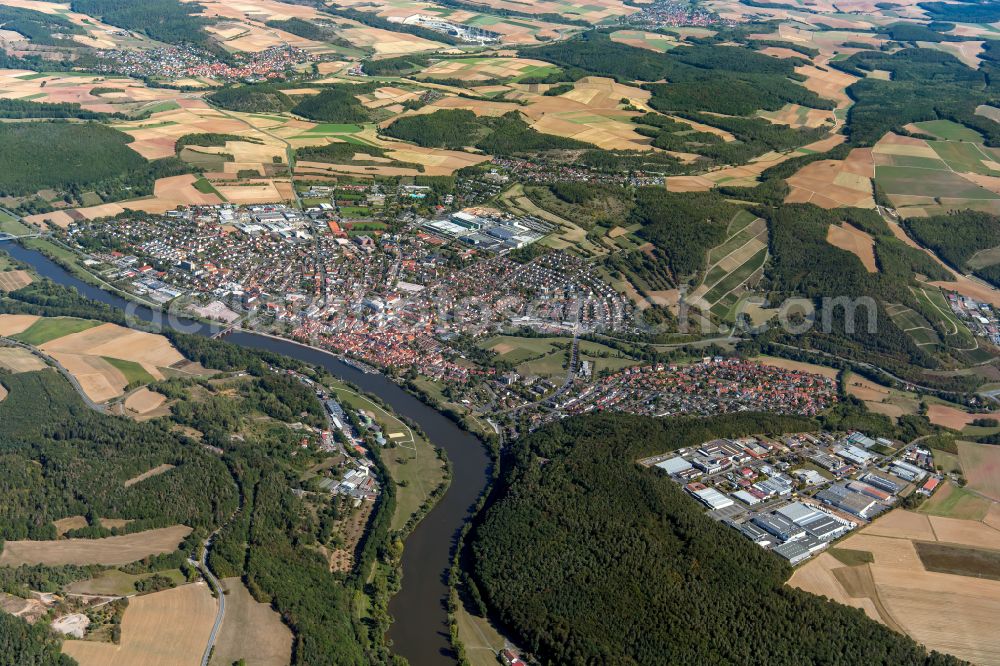 Aerial image Marktheidenfeld - Urban area with outskirts and inner city area on the edge of agricultural fields and arable land in Marktheidenfeld in the state Bavaria, Germany