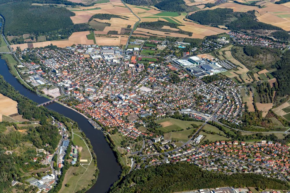 Aerial photograph Marktheidenfeld - Urban area with outskirts and inner city area on the edge of agricultural fields and arable land in Marktheidenfeld in the state Bavaria, Germany