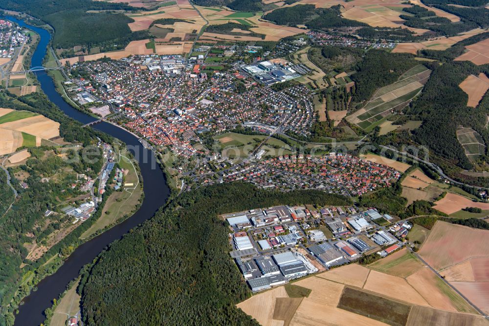 Marktheidenfeld from above - Urban area with outskirts and inner city area on the edge of agricultural fields and arable land in Marktheidenfeld in the state Bavaria, Germany