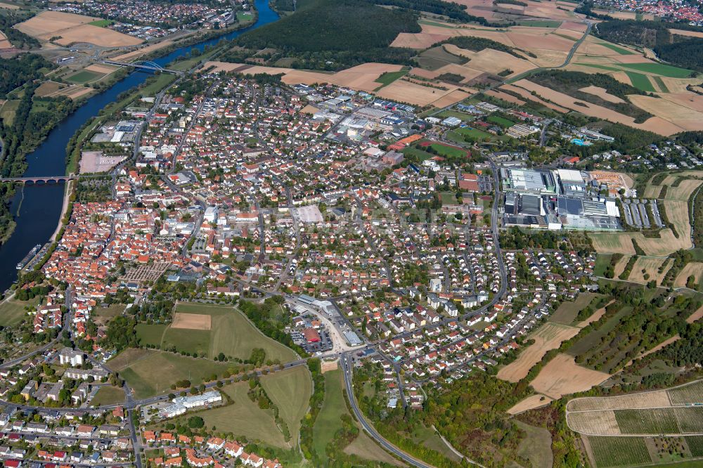 Marktheidenfeld from above - Urban area with outskirts and inner city area on the edge of agricultural fields and arable land in Marktheidenfeld in the state Bavaria, Germany