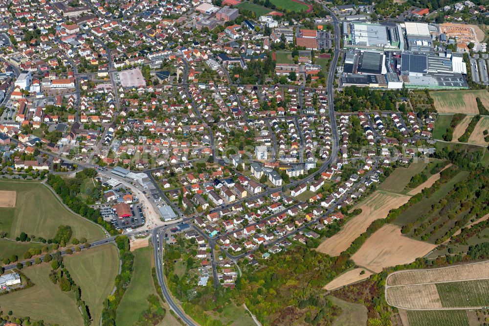 Marktheidenfeld from the bird's eye view: Urban area with outskirts and inner city area on the edge of agricultural fields and arable land in Marktheidenfeld in the state Bavaria, Germany