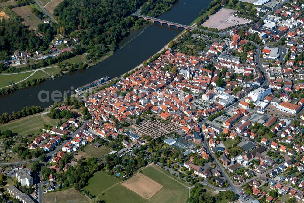 Aerial image Marktheidenfeld - Urban area with outskirts and inner city area on the edge of agricultural fields and arable land in Marktheidenfeld in the state Bavaria, Germany