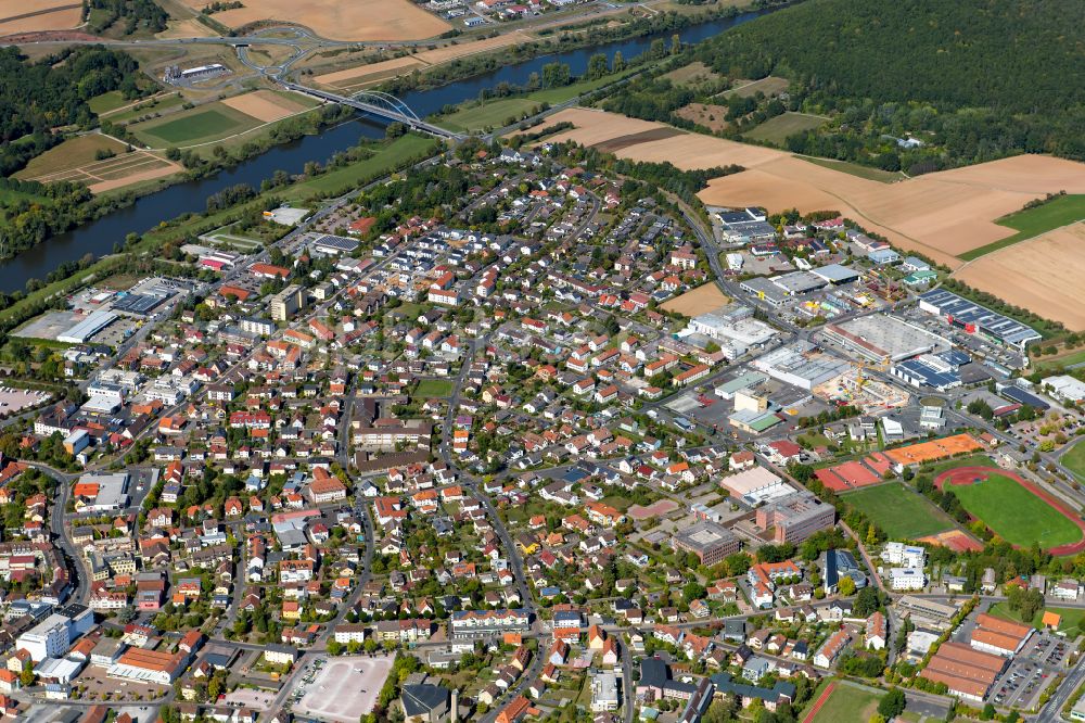 Aerial photograph Marktheidenfeld - Urban area with outskirts and inner city area on the edge of agricultural fields and arable land in Marktheidenfeld in the state Bavaria, Germany