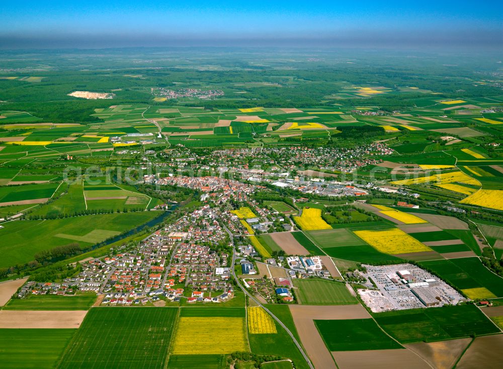 Munderkingen from above - Urban area with outskirts and inner city area on the edge of agricultural fields and arable land in Munderkingen in the state Baden-Wuerttemberg, Germany