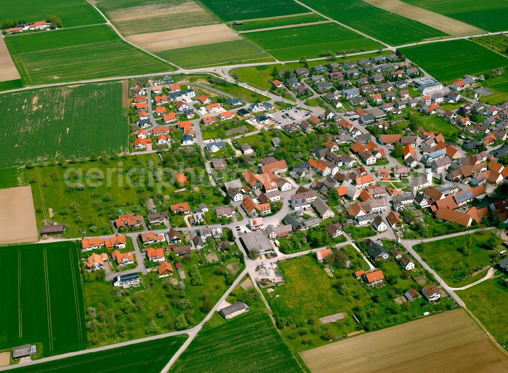 Neenstetten from the bird's eye view: Urban area with outskirts and inner city area on the edge of agricultural fields and arable land in Neenstetten in the state Baden-Wuerttemberg, Germany