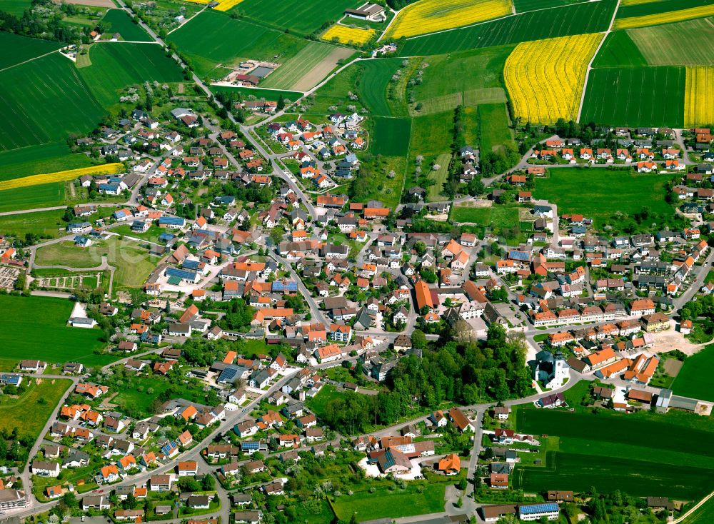 Aerial image Oberdischingen - Urban area with outskirts and inner city area on the edge of agricultural fields and arable land in Oberdischingen in the state Baden-Wuerttemberg, Germany