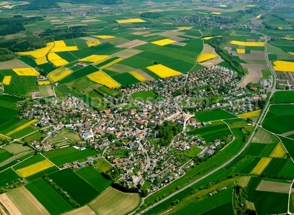 Oberdischingen from above - Urban area with outskirts and inner city area on the edge of agricultural fields and arable land in Oberdischingen in the state Baden-Wuerttemberg, Germany