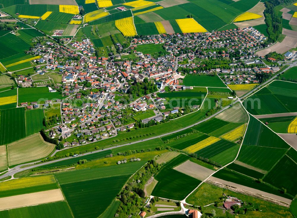 Oberdischingen from above - Urban area with outskirts and inner city area on the edge of agricultural fields and arable land in Oberdischingen in the state Baden-Wuerttemberg, Germany