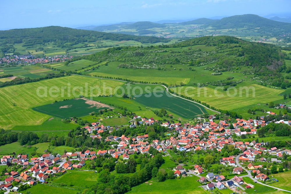 Oberweid from the bird's eye view: Urban area with outskirts and inner city area on the edge of agricultural fields and arable land in Oberweid in the state Thuringia, Germany