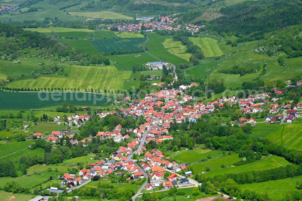 Aerial image Oberweid - Urban area with outskirts and inner city area on the edge of agricultural fields and arable land in Oberweid in the state Thuringia, Germany