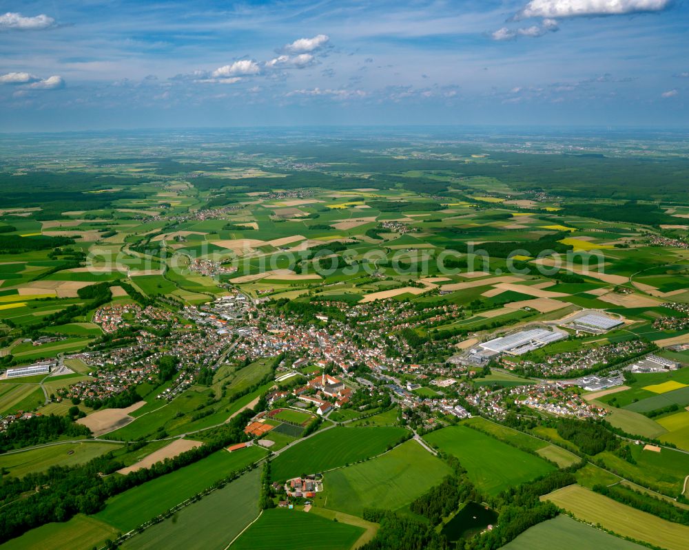 Ochsenhausen from above - Urban area with outskirts and inner city area on the edge of agricultural fields and arable land in Ochsenhausen in the state Baden-Wuerttemberg, Germany