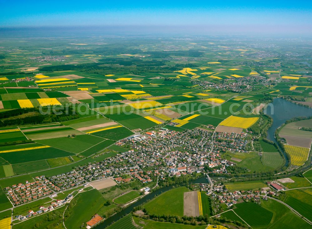 Aerial image Öpfingen - Urban area with outskirts and inner city area on the edge of agricultural fields and arable land in Öpfingen in the state Baden-Wuerttemberg, Germany