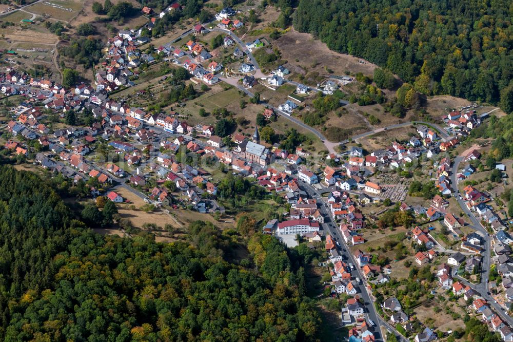 Rechtenbach from above - Urban area with outskirts and inner city area on the edge of agricultural fields and arable land in Rechtenbach in the state Bavaria, Germany