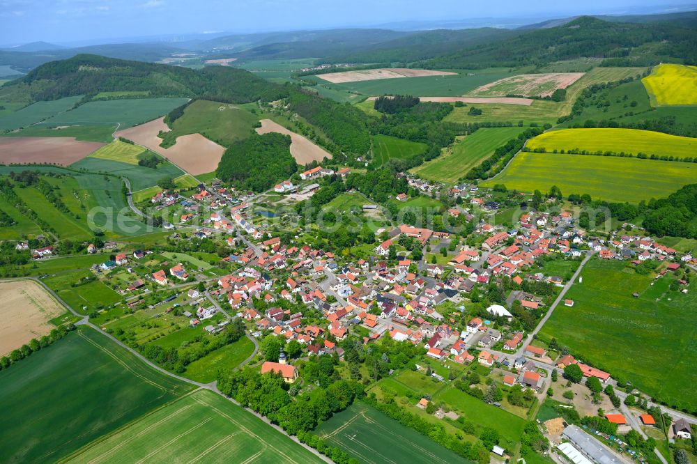 Roßdorf from above - Urban area with outskirts and inner city area on the edge of agricultural fields and arable land in Roßdorf in the state Thuringia, Germany