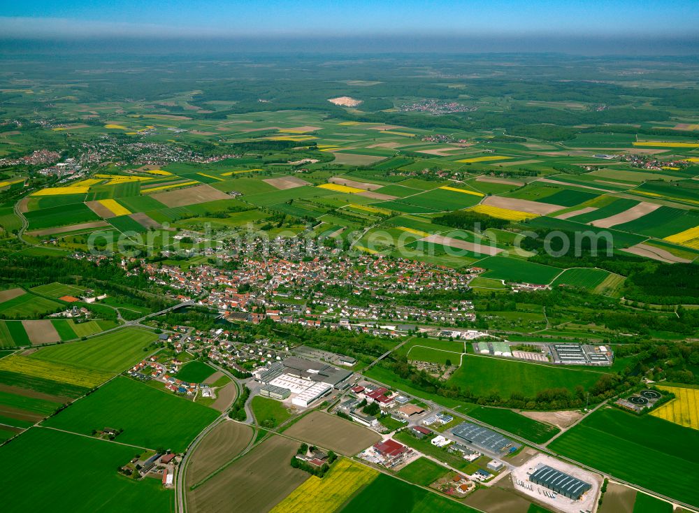 Rottenacker from the bird's eye view: Urban area with outskirts and inner city area on the edge of agricultural fields and arable land in Rottenacker in the state Baden-Wuerttemberg, Germany