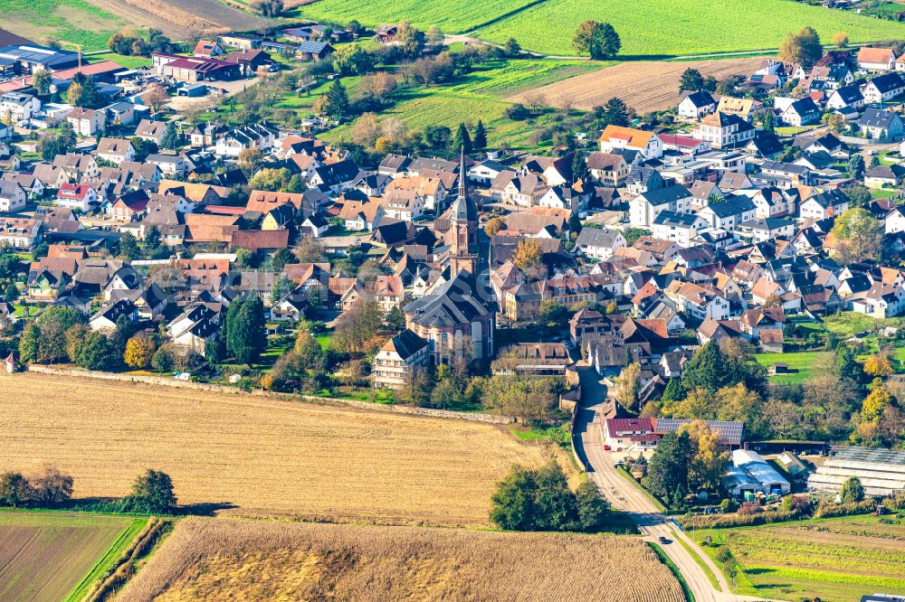 Schuttern from the bird's eye view: Urban area with outskirts and inner city area on the edge of agricultural fields and arable land in Schuttern in the state Baden-Wuerttemberg, Germany