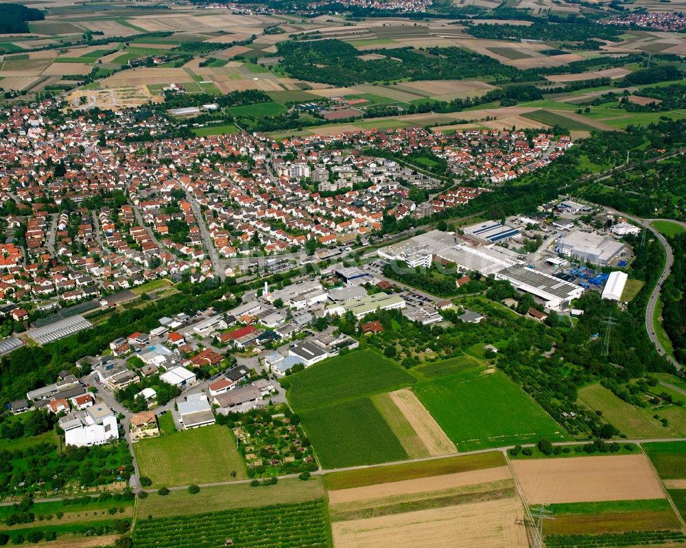 Aerial image Schwaikheim - Urban area with outskirts and inner city area on the edge of agricultural fields and arable land in Schwaikheim in the state Baden-Wuerttemberg, Germany