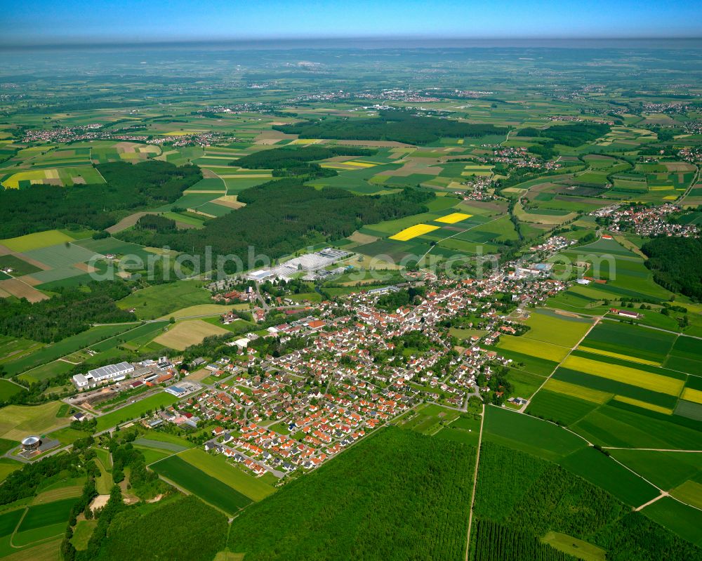 Aerial image Schwendi - Urban area with outskirts and inner city area on the edge of agricultural fields and arable land in Schwendi in the state Baden-Wuerttemberg, Germany