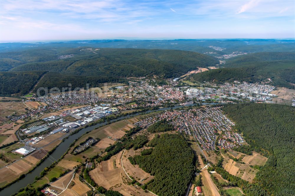 Aerial image Sendelbach - Urban area with outskirts and inner city area on the edge of agricultural fields and arable land in Sendelbach in the state Bavaria, Germany