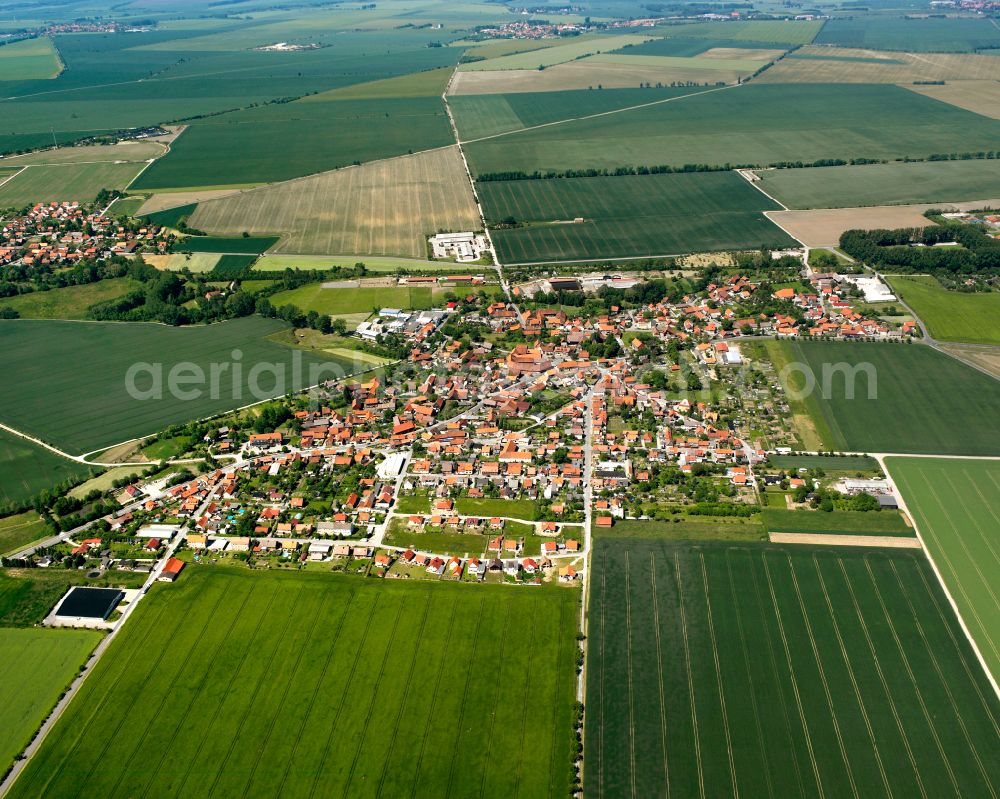 Silstedt from above - Urban area with outskirts and inner city area on the edge of agricultural fields and arable land in Silstedt in the state Saxony-Anhalt, Germany