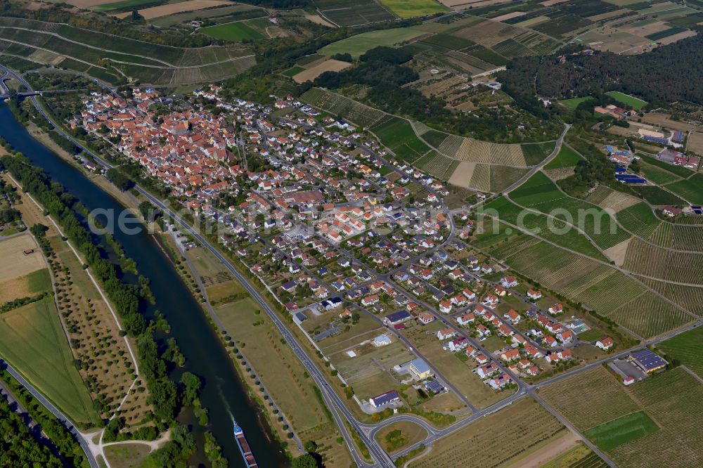 Sommerhausen from above - Urban area with outskirts and inner city area on the edge of agricultural fields and arable land in Sommerhausen in the state Bavaria, Germany