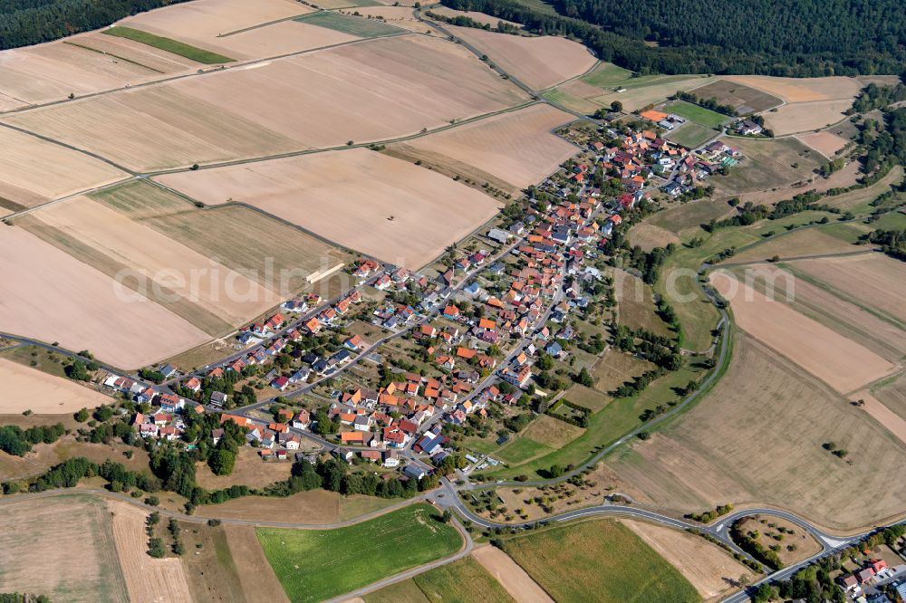 Steinmark from the bird's eye view: Urban area with outskirts and inner city area on the edge of agricultural fields and arable land in Steinmark in the state Bavaria, Germany