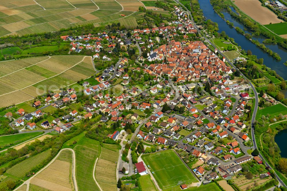 Sulzfeld am Main from above - Urban area with outskirts and inner city area on the edge of agricultural fields and arable land in Sulzfeld am Main in the state Bavaria, Germany