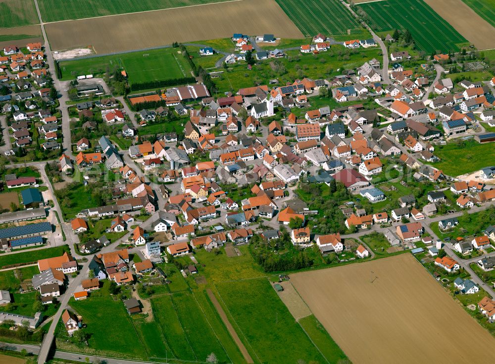 Suppingen from above - Urban area with outskirts and inner city area on the edge of agricultural fields and arable land in Suppingen in the state Baden-Wuerttemberg, Germany