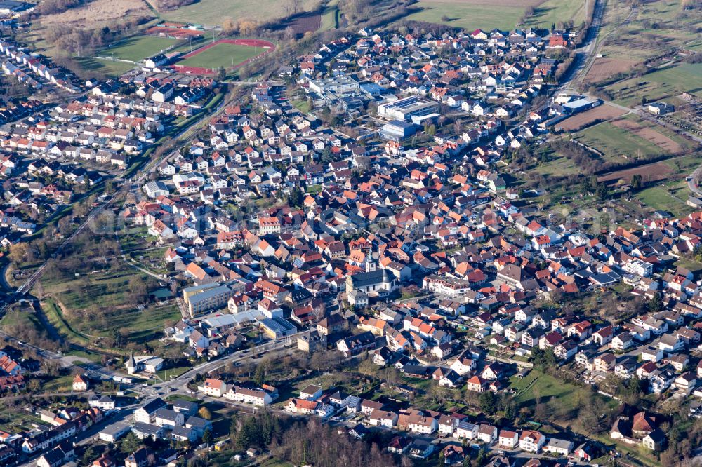 Ubstadt-Weiher from above - Urban area with outskirts and inner city area on the edge of agricultural fields and arable land in Ubstadt-Weiher in the state Baden-Wuerttemberg, Germany