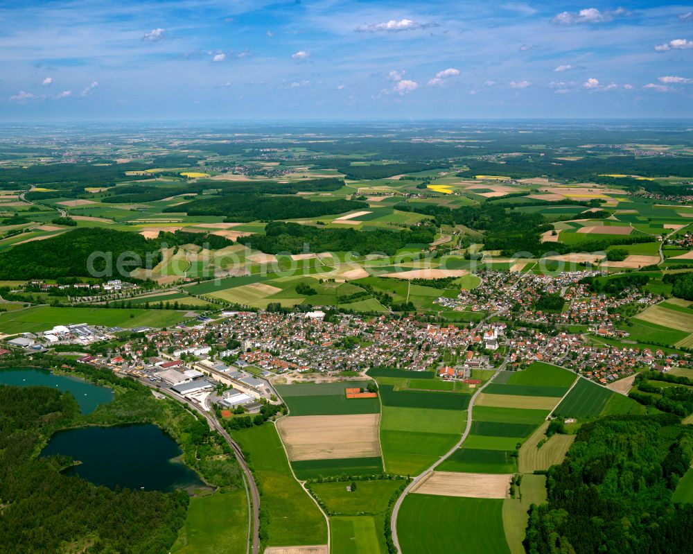 Ummendorf from above - Urban area with outskirts and inner city area on the edge of agricultural fields and arable land in Ummendorf in the state Baden-Wuerttemberg, Germany