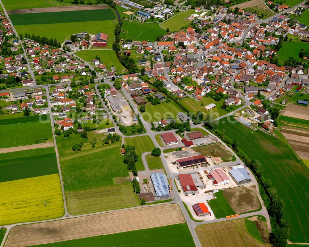 Aerial image Unlingen - Urban area with outskirts and inner city area on the edge of agricultural fields and arable land in Unlingen in the state Baden-Wuerttemberg, Germany