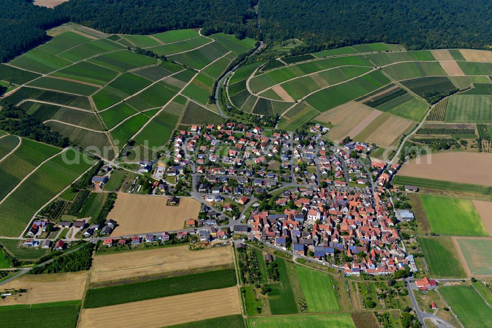 Untereisenheim from above - Urban area with outskirts and inner city area on the edge of agricultural fields and arable land in Untereisenheim in the state Bavaria, Germany