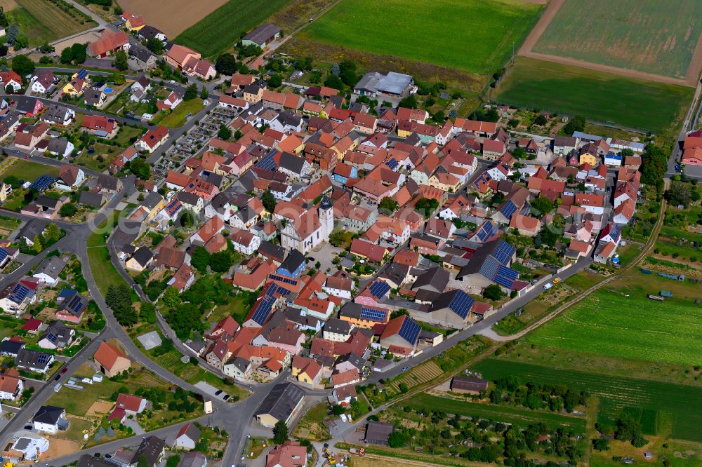 Untereisenheim from the bird's eye view: Urban area with outskirts and inner city area on the edge of agricultural fields and arable land in Untereisenheim in the state Bavaria, Germany