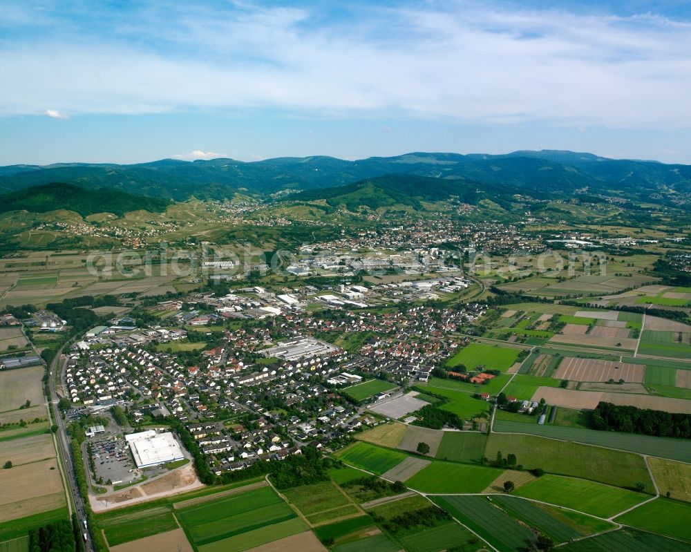 Aerial image Vimbuch - Urban area with outskirts and inner city area on the edge of agricultural fields and arable land in Vimbuch in the state Baden-Wuerttemberg, Germany