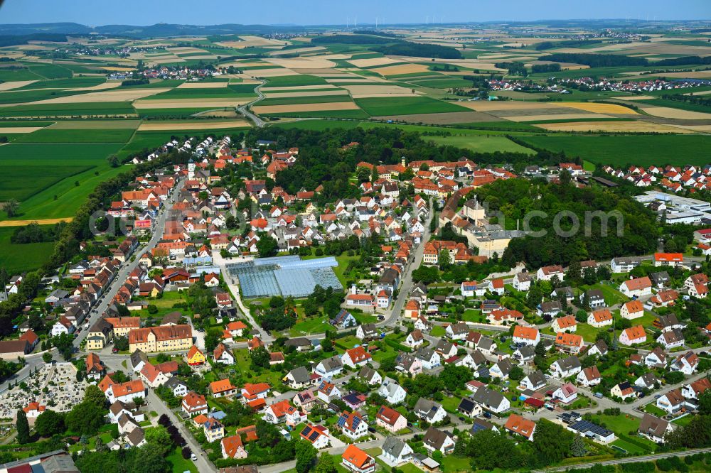 Aerial image Wallerstein - Urban area with outskirts and inner city area on the edge of agricultural fields and arable land in Wallerstein in the state Bavaria, Germany