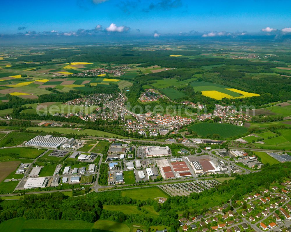 Warthausen from above - Urban area with outskirts and inner city area on the edge of agricultural fields and arable land in Warthausen in the state Baden-Wuerttemberg, Germany