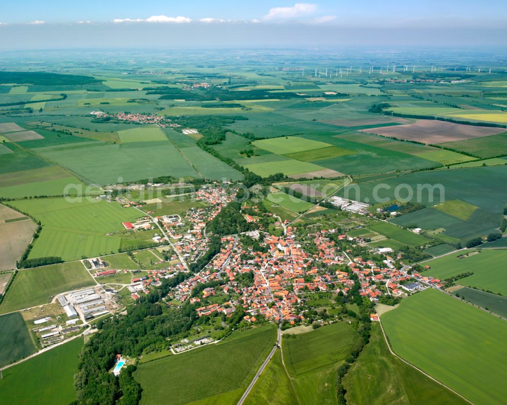 Aerial photograph Wasserleben - Urban area with outskirts and inner city area on the edge of agricultural fields and arable land in Wasserleben in the state Saxony-Anhalt, Germany