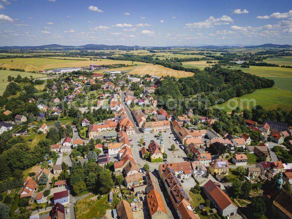 Aerial image Weißenberg - Urban area with outskirts and inner city area on the edge of agricultural fields and arable land in Weissenberg in the state Saxony, Germany