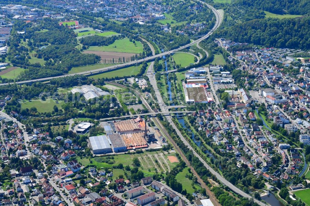 Lörrach from above - Cityscape with company grounds and facilities of the former textile company Lauffenmuehle in Loerrach in the state Baden-Wurttemberg, Germany