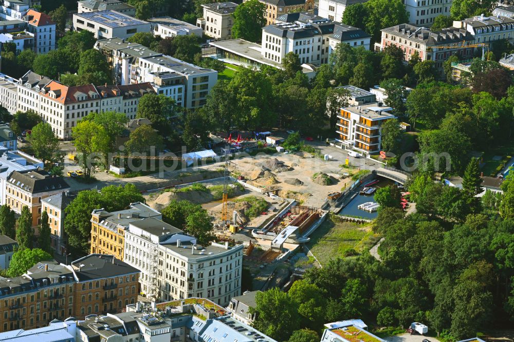 Aerial image Leipzig - Construction site for the reconstruction and redesign of the port facilities of the city port on the banks of the Elstermuehlengraben on Schreberstrasse in the Zentrum district of Leipzig in the state of Saxony, Germany